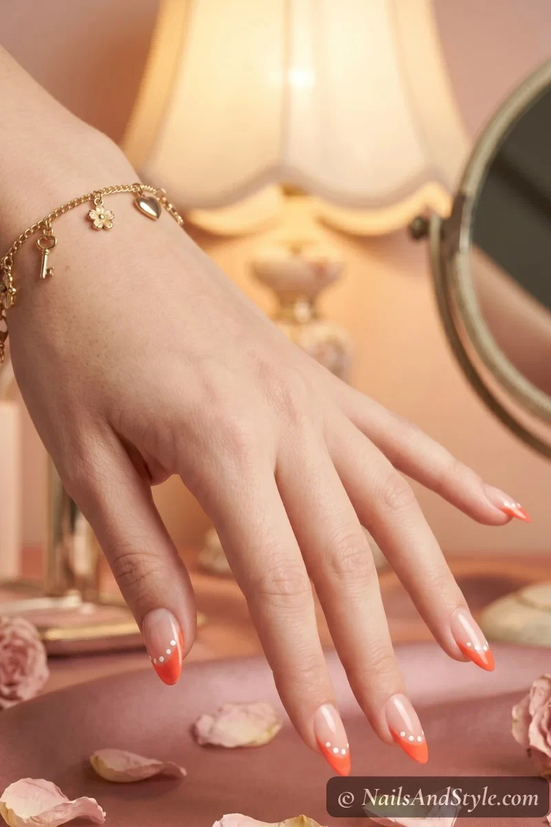 Coral French tip nails with tiny white dots along the smile line on almond nails