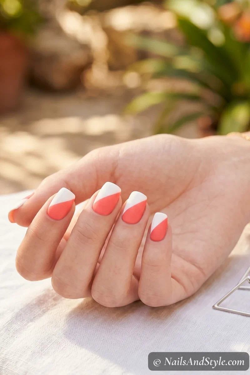 Coral and white diagonal color block nail art on short squoval nails