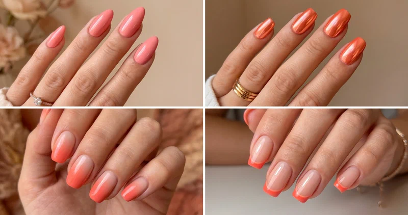 Collage of four coral summer nail designs featuring coral pink gloss, coral ombre, coral French tips, and coral floral accent nails