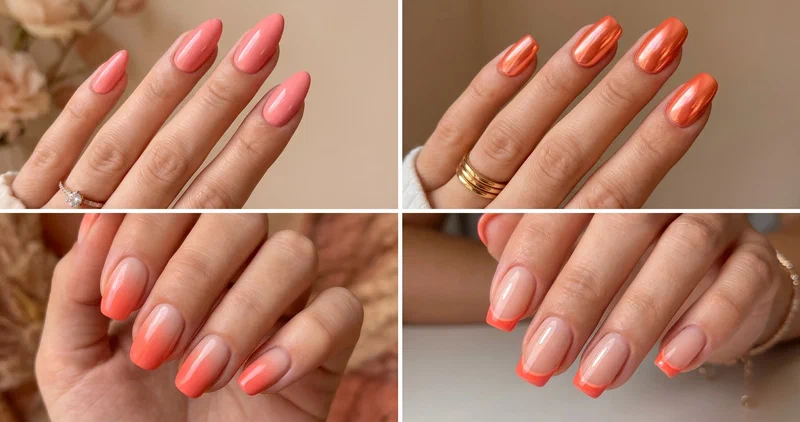 Collage of four coral summer nail designs featuring coral pink gloss, coral ombre, coral French tips, and coral floral accent nails