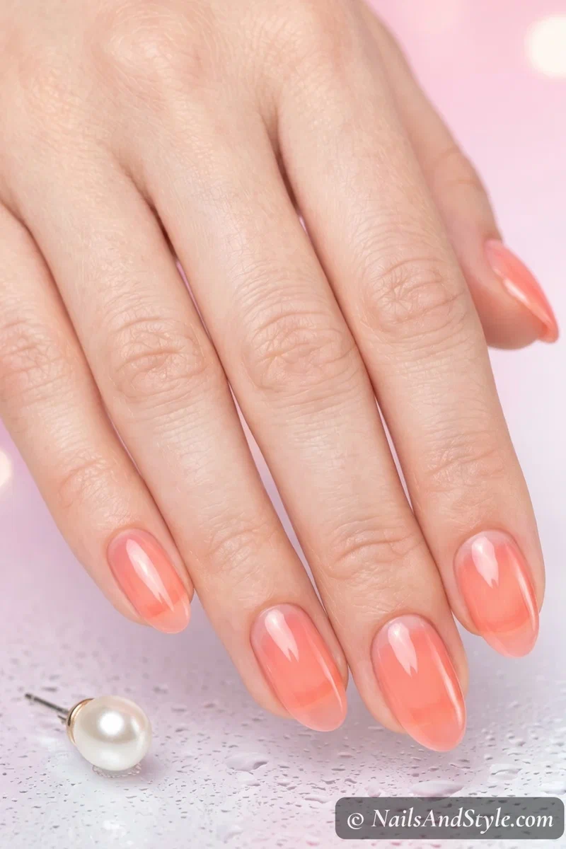 Pastel coral jelly nails with translucent squishy finish on short almond nails