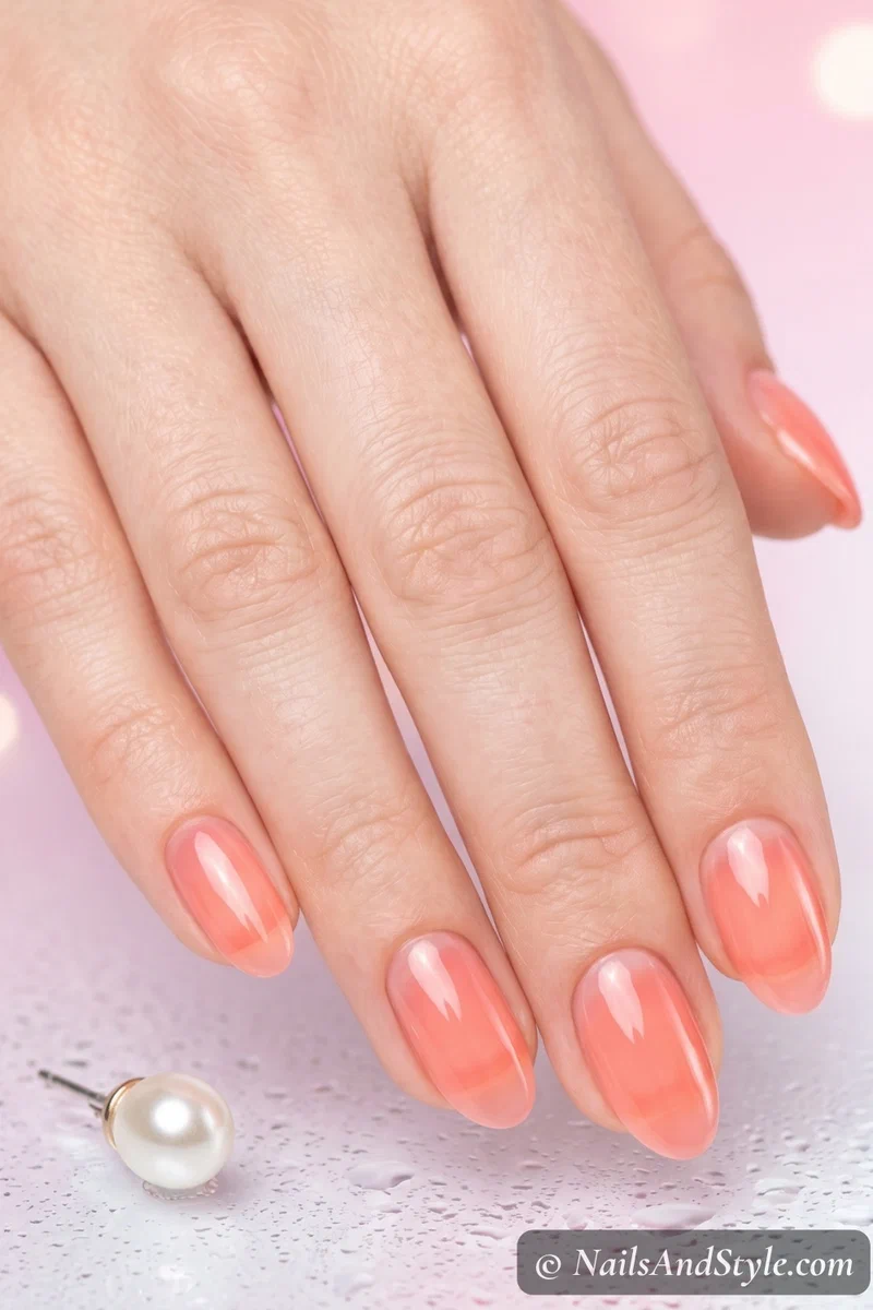 Pastel coral jelly nails with translucent squishy finish on short almond nails