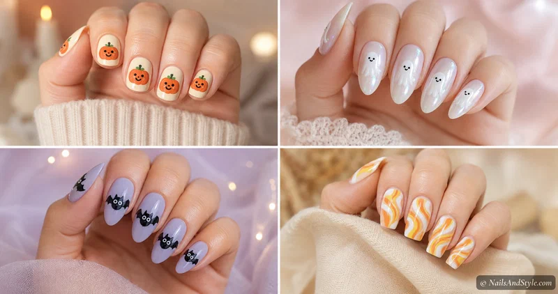 Four cute Halloween nail designs — a smiling white ghost, candy corn stripes, a happy orange pumpkin, and a chubby cartoon bat