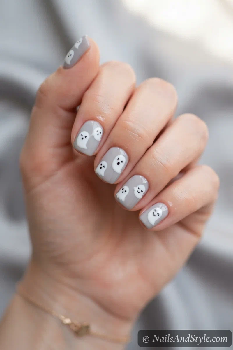 Soft grey nails with a group of chubby white ghosts each with a different facial expression
