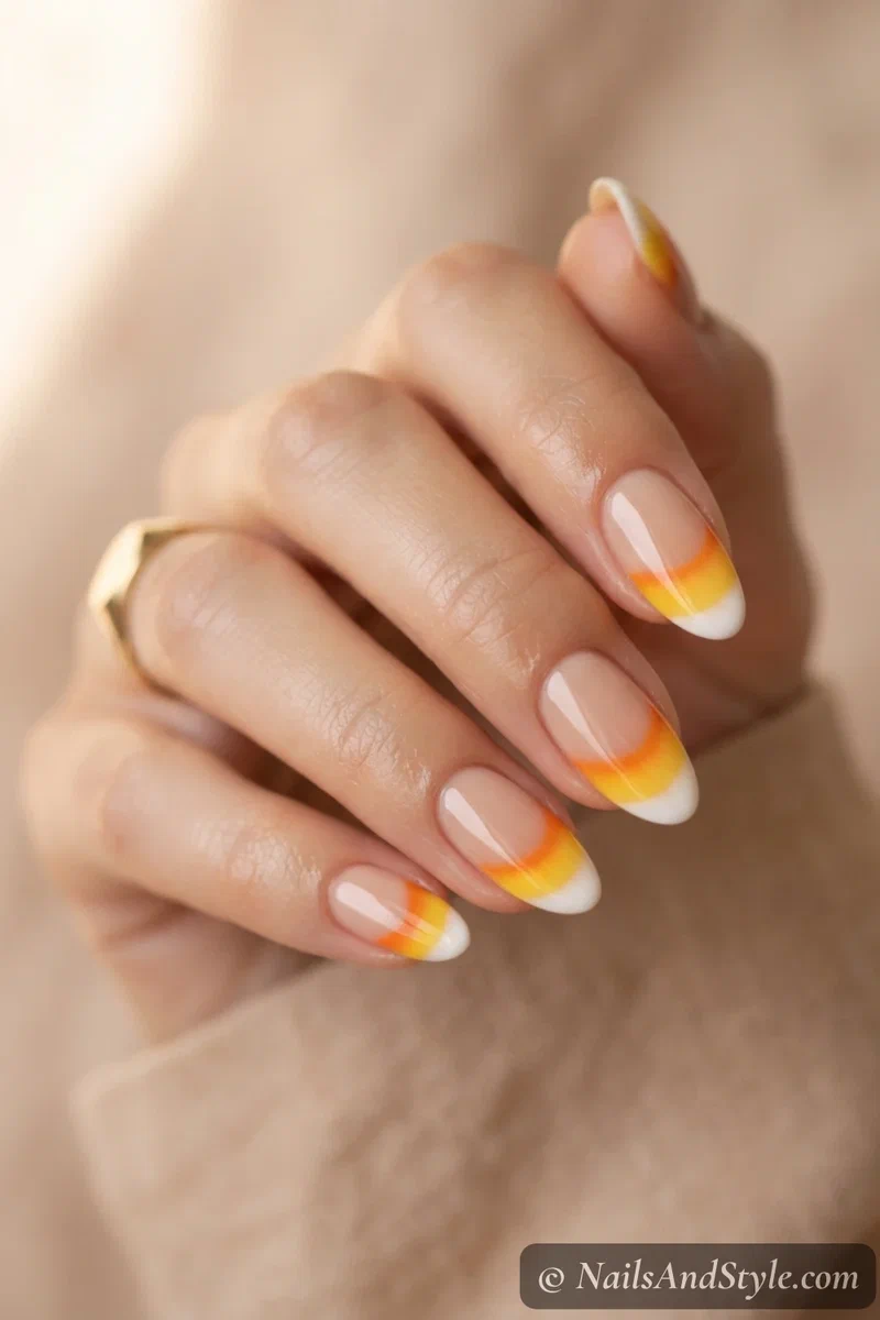 Nude nails with candy corn colored French tips blending yellow orange and white