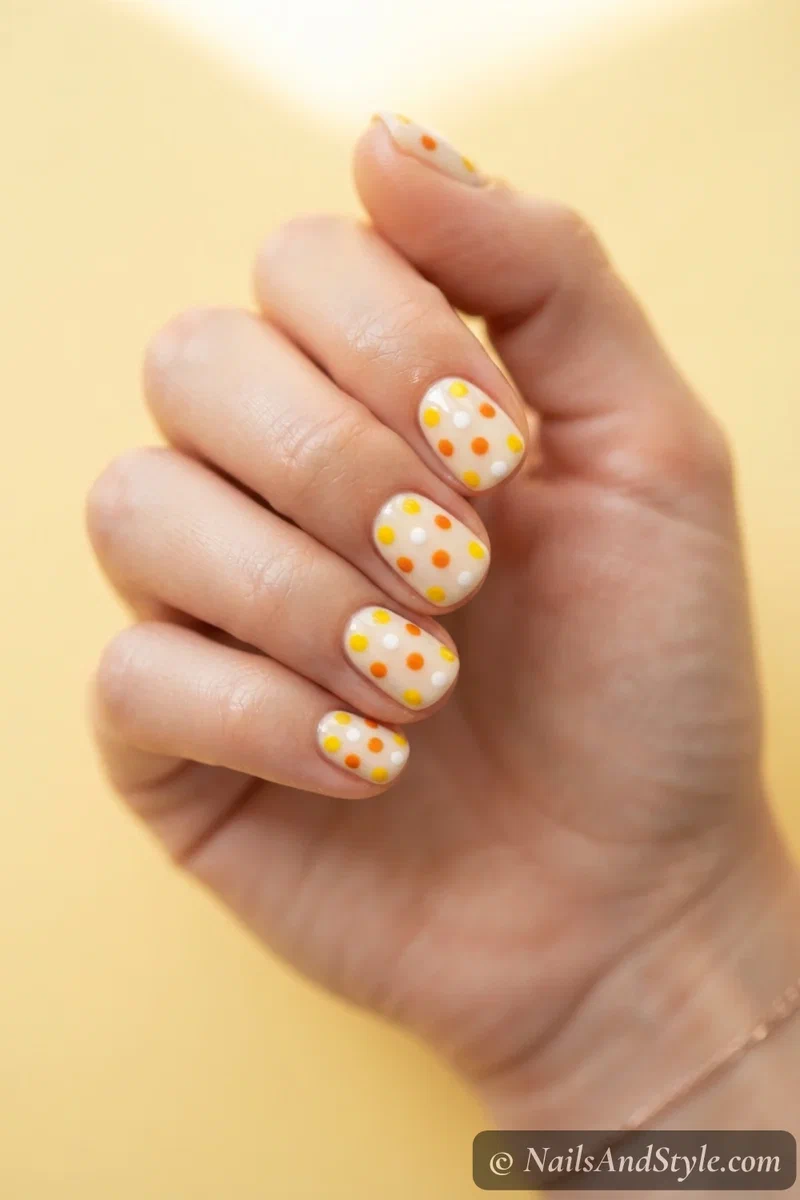 Cream nails with scattered yellow, orange, and white polka dots