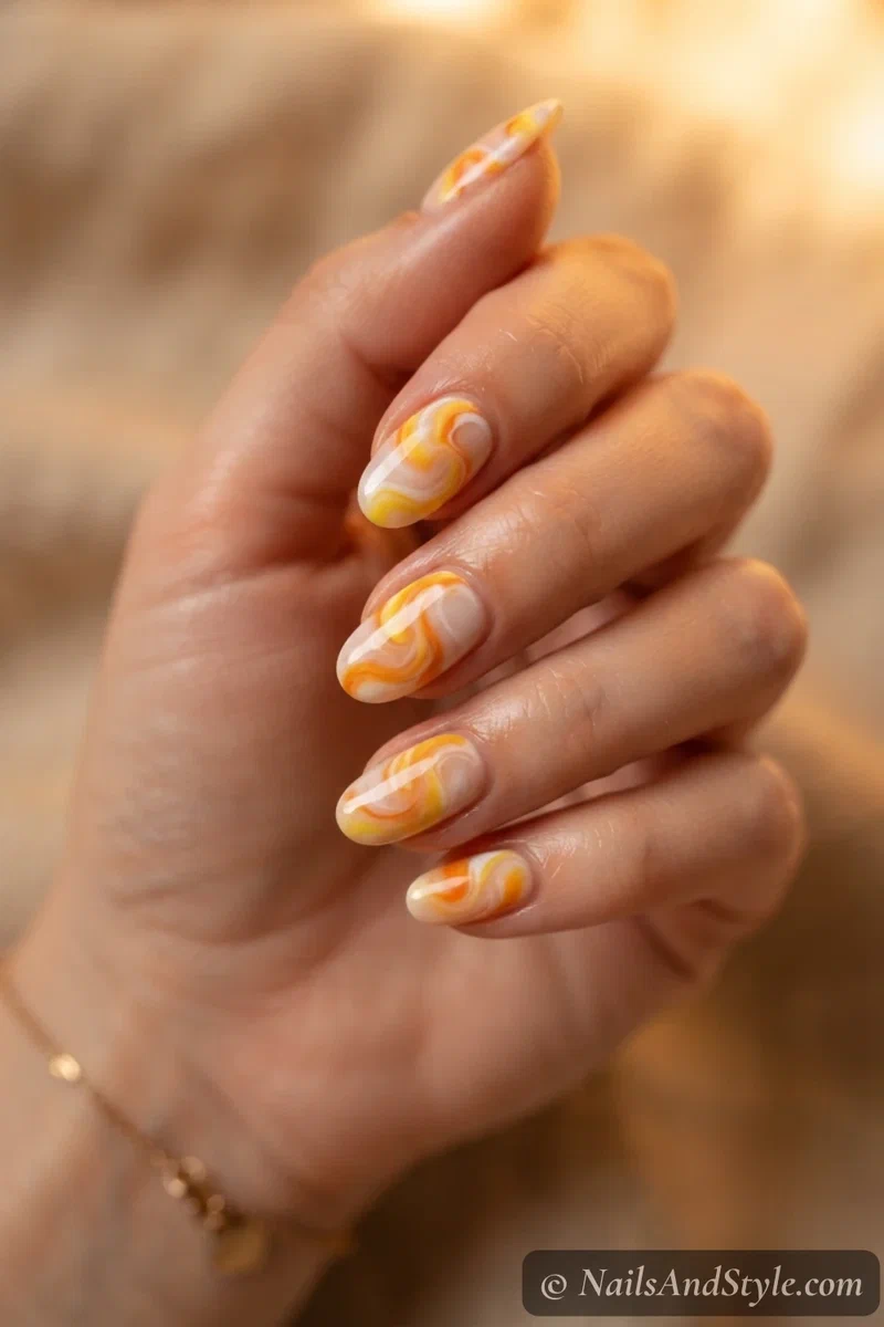 Nails with yellow, orange, and white swirled together in a soft marble