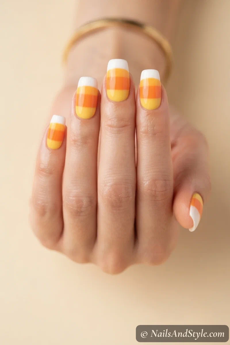 Nails striped in candy corn colors — yellow base, orange middle, white tips