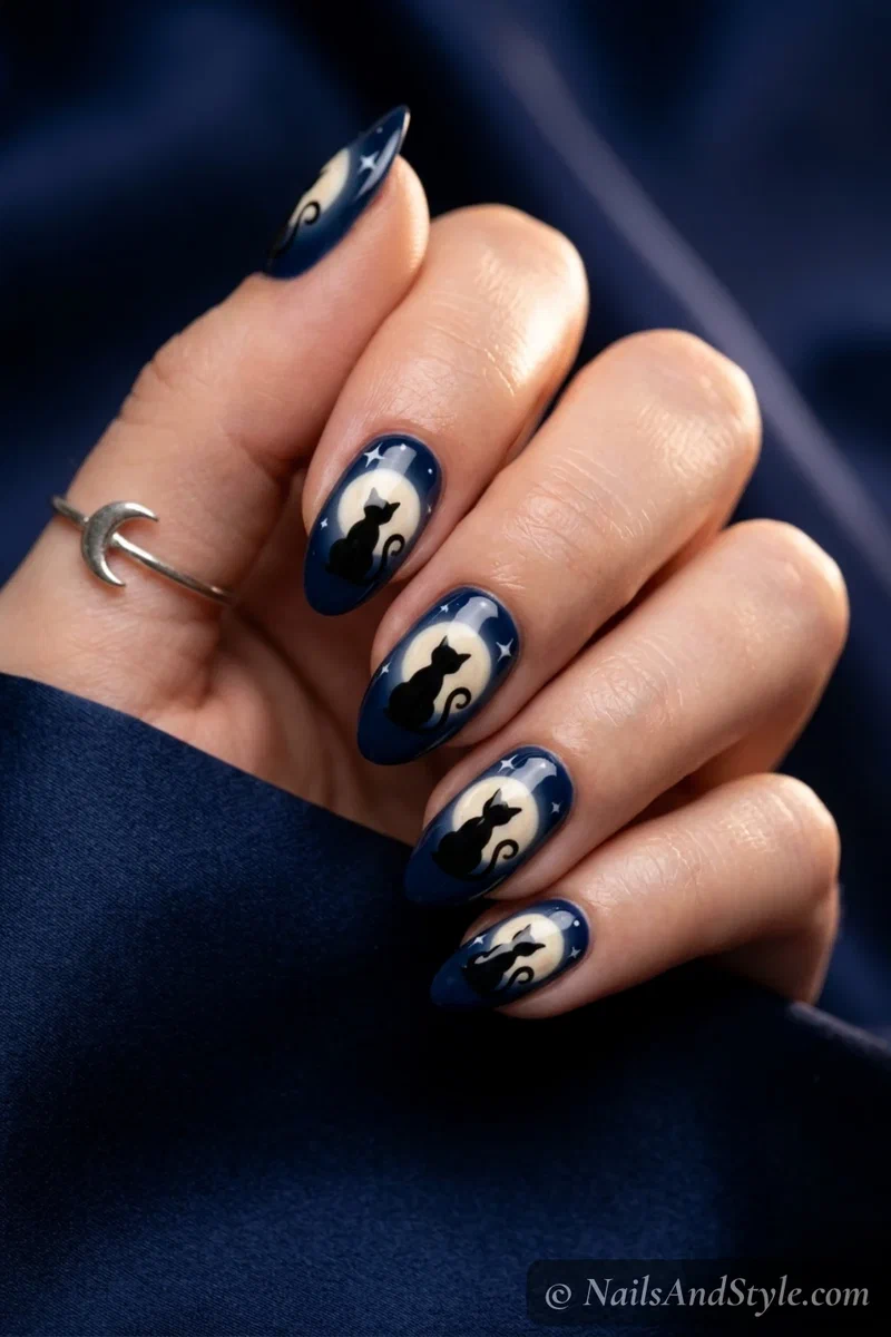 Navy nails with a black cat silhouette sitting in front of a cream moon