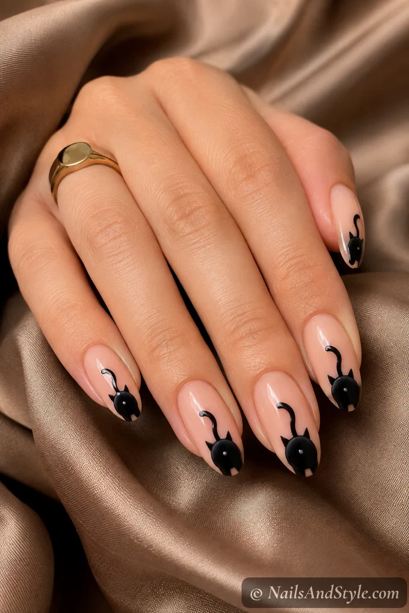 Nude nails with a black cat seen from behind with its tail standing up