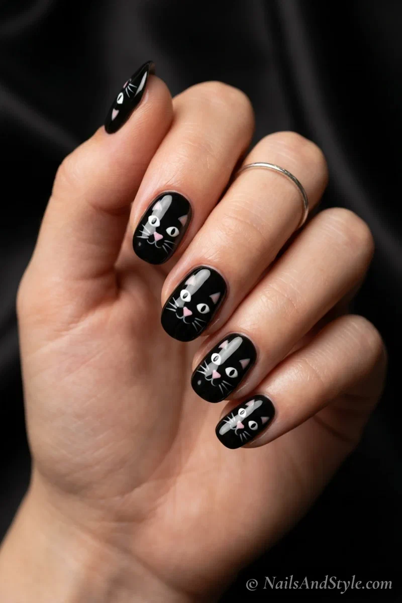 Black nails with a cute cat face — round eyes, pink nose, and whiskers