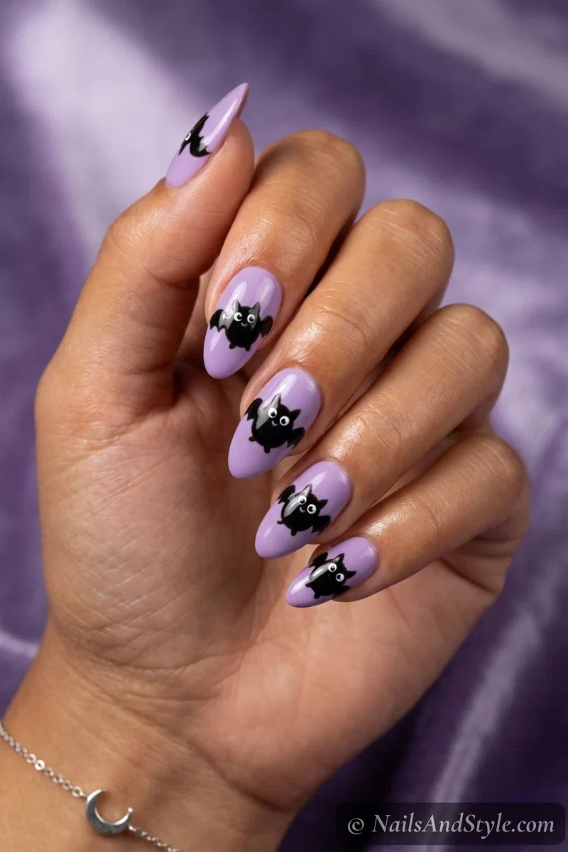 Soft purple nails with round chubby black bats with big cartoon eyes
