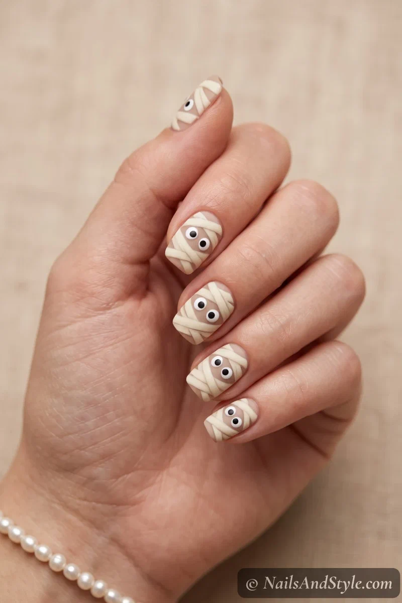 Beige nails with cream mummy bandage wraps and two big cute peeking eyes