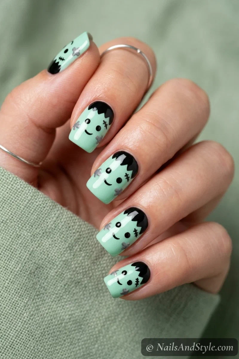 Nails with a cute mint green Frankenstein face with black hair and side bolts