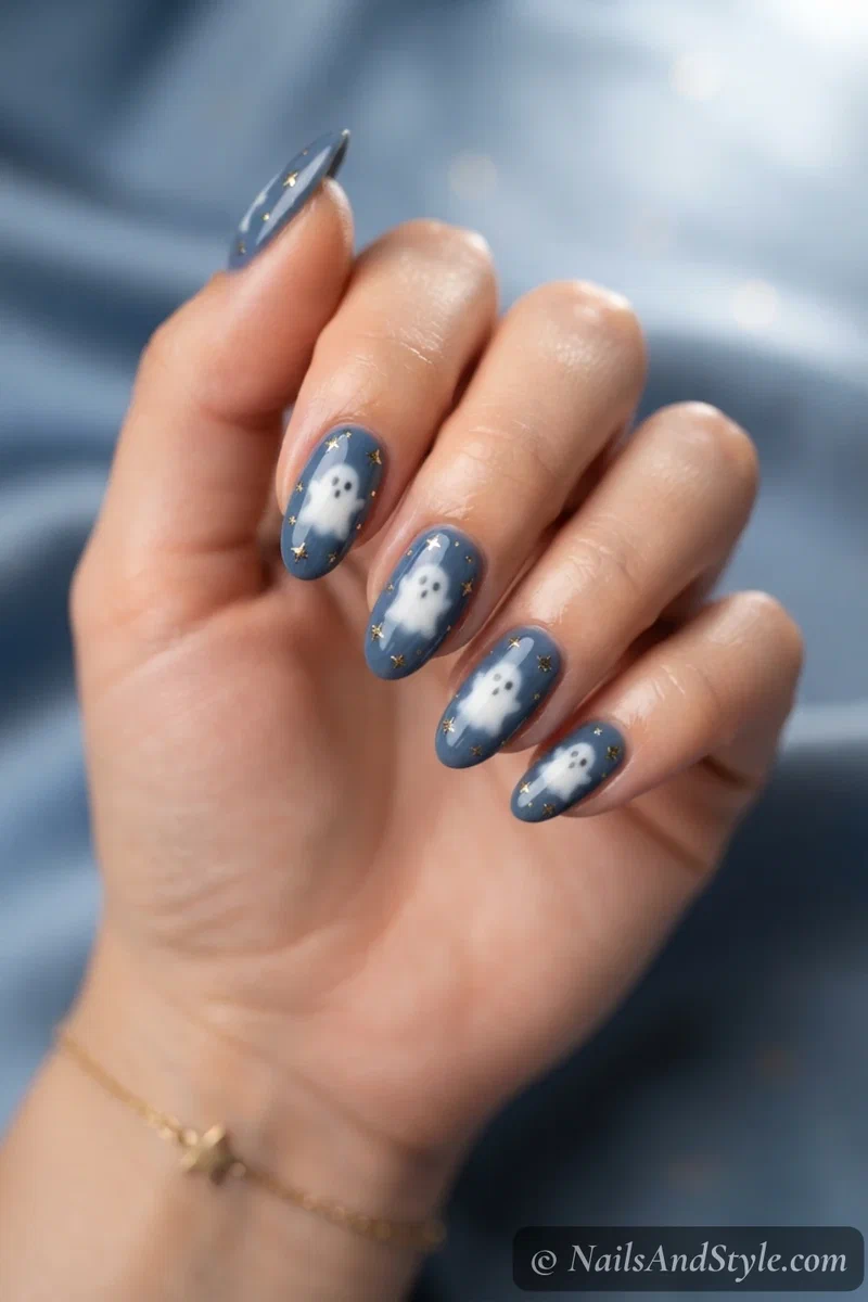 Dusk blue nails with a white ghost surrounded by small gold stars