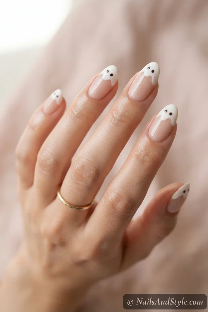 Nude nails with white French tips shaped like little wavy ghosts