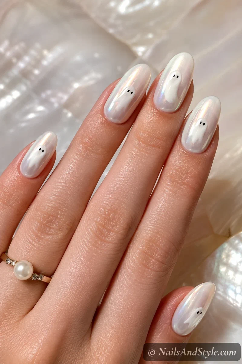 Milky white nails with a soft white ghost under a pearly iridescent shimmer