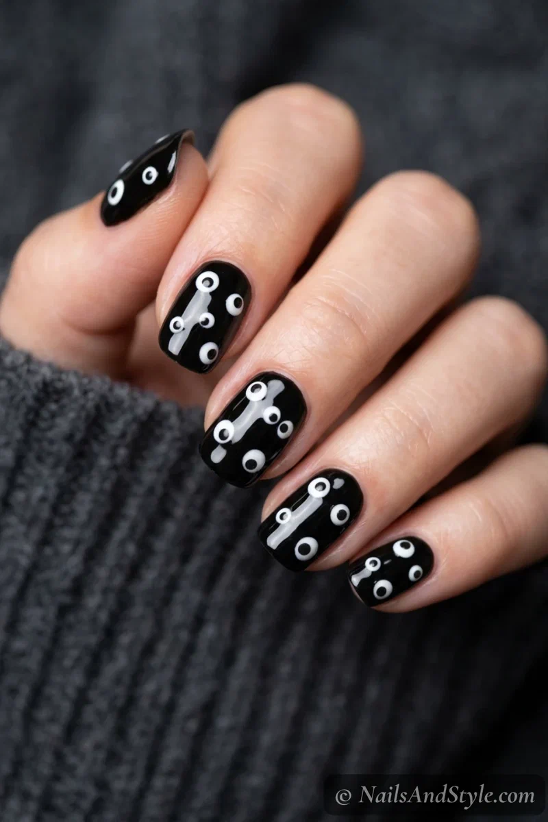 Black nails with scattered cartoon googly eyes looking in different directions