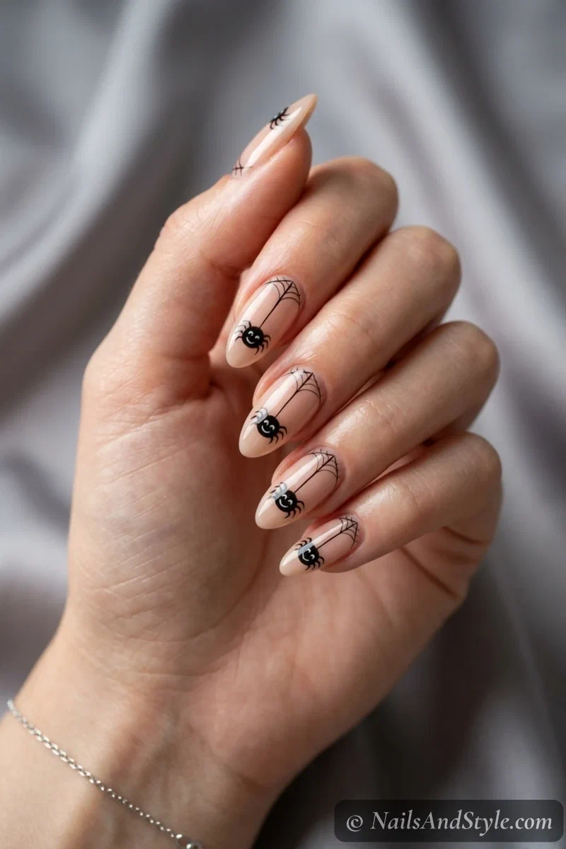 Nude nails with a round smiling cartoon spider hanging from a thin web thread