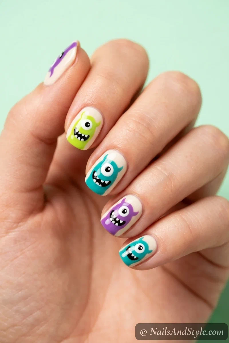Nails with colorful one-eyed cartoon monsters in lime, teal, and purple