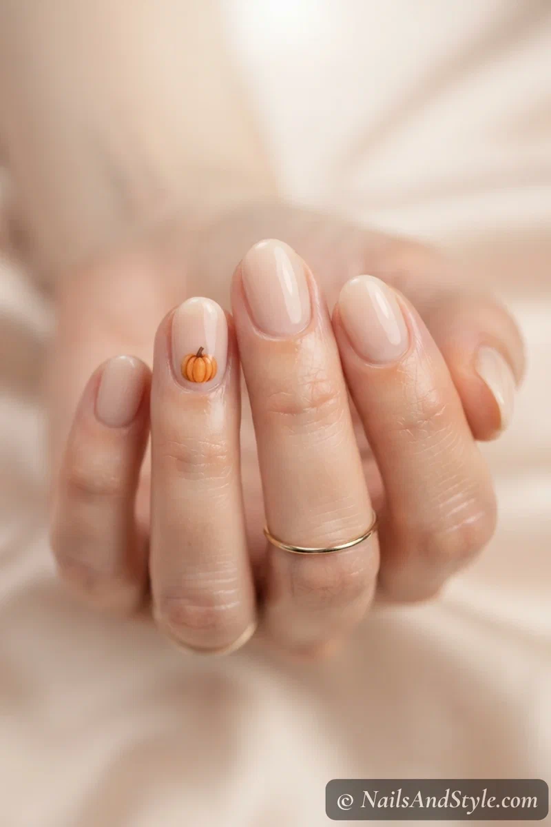 Nude nails with one tiny orange pumpkin on a single accent nail