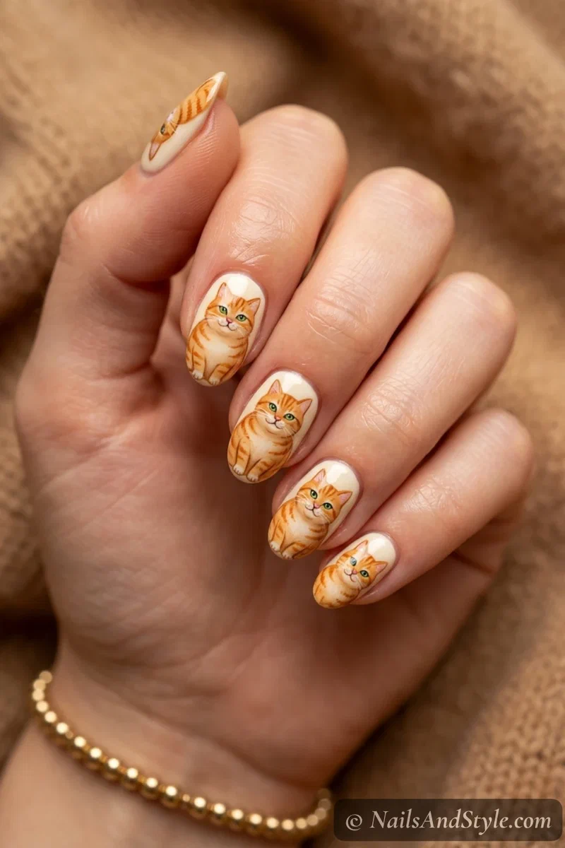Cream nails with a chubby orange tabby cat with stripes and green eyes