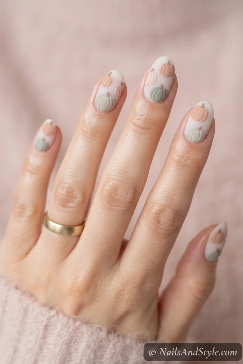 Milky nails with soft dusty peach and sage pastel pumpkins