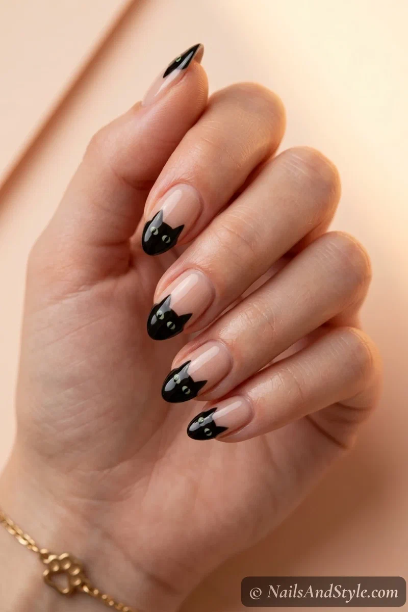 Nails with a black cat peeking over the tip with ears and green eyes
