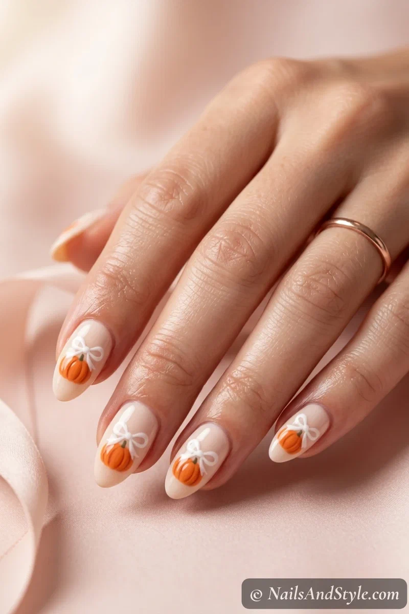 Cream nails with an orange pumpkin and a dainty white ribbon bow on an accent nail