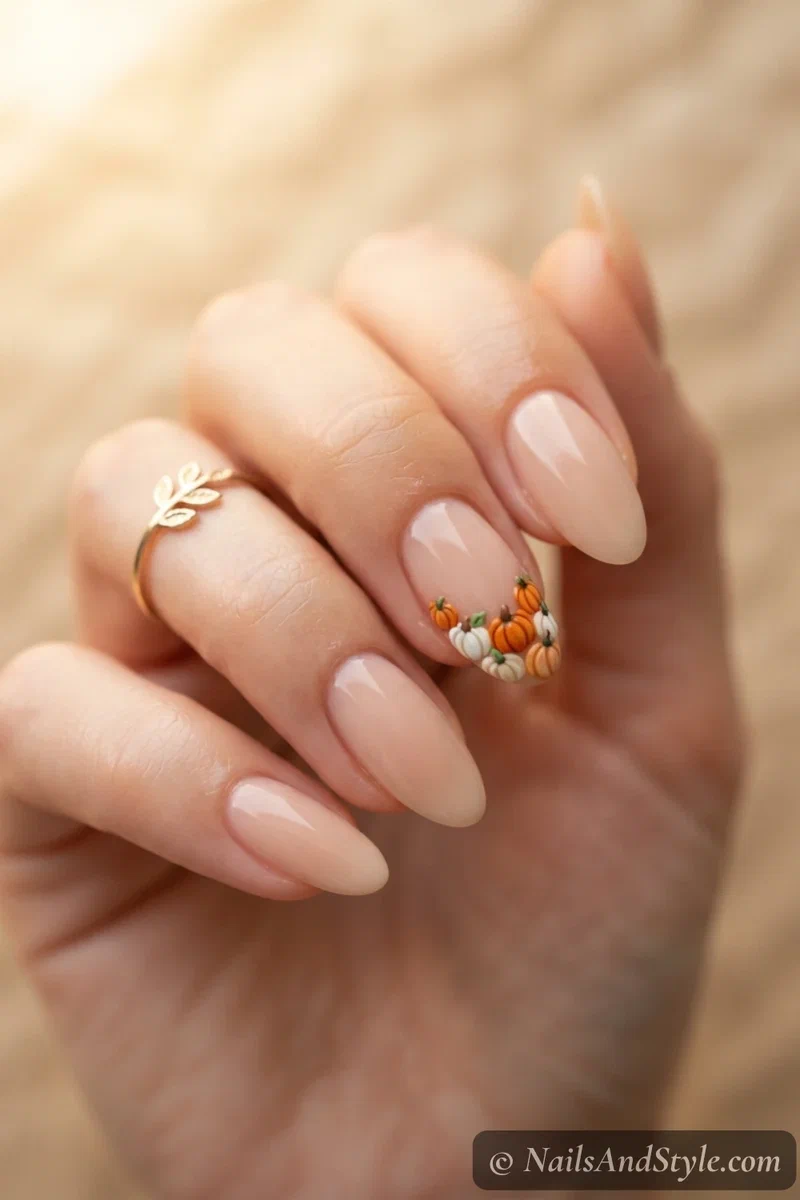 Nude accent nail with a row of tiny orange, white, and green pumpkins along the base