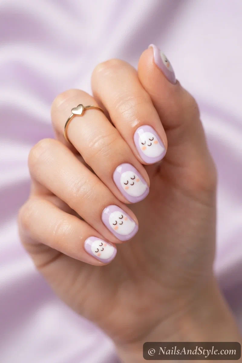 Pastel lilac nails with sleeping white ghosts with closed eyes and rosy cheeks