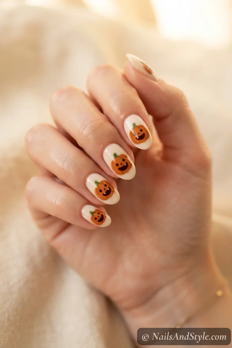 Cream nails with round orange pumpkins with big smiling faces and green stems