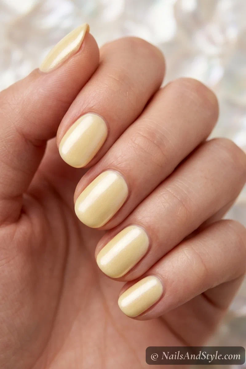 Pale butter yellow nails with a pearl glazed finish