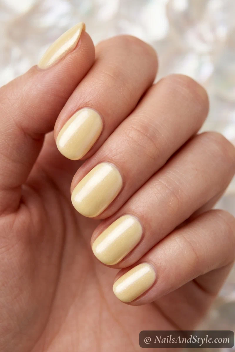 Pale butter yellow nails with a pearl glazed finish