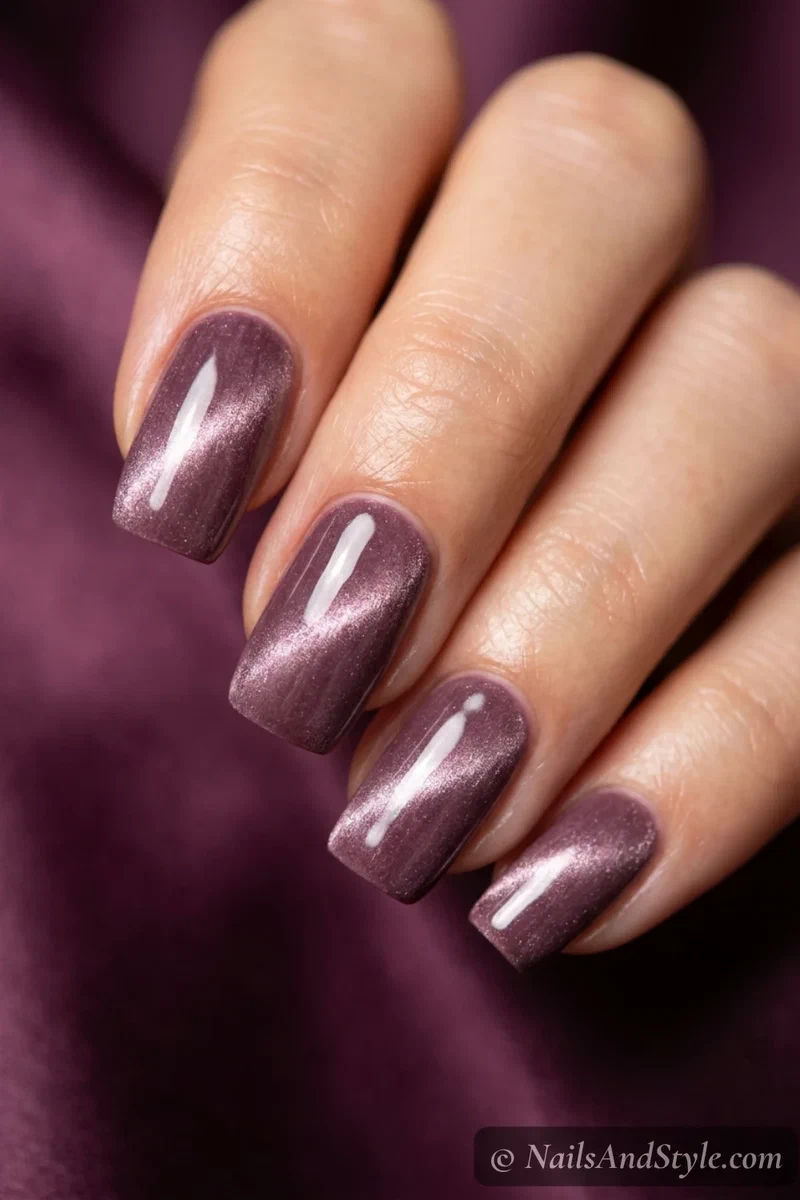Mauve velvet cat-eye nails with a light stripe