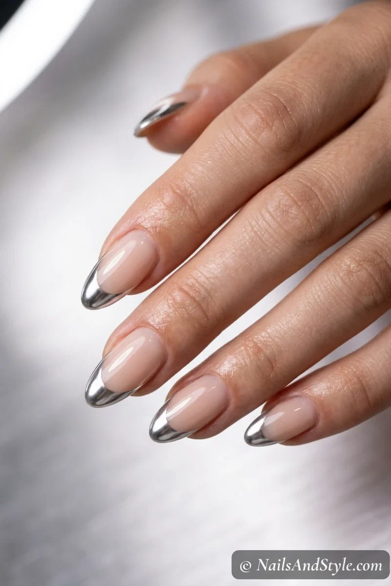 Nude nails with silver chrome tips