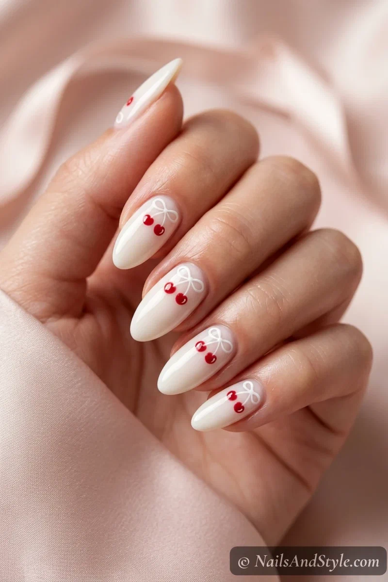 White nails with painted cherries and tiny white bows