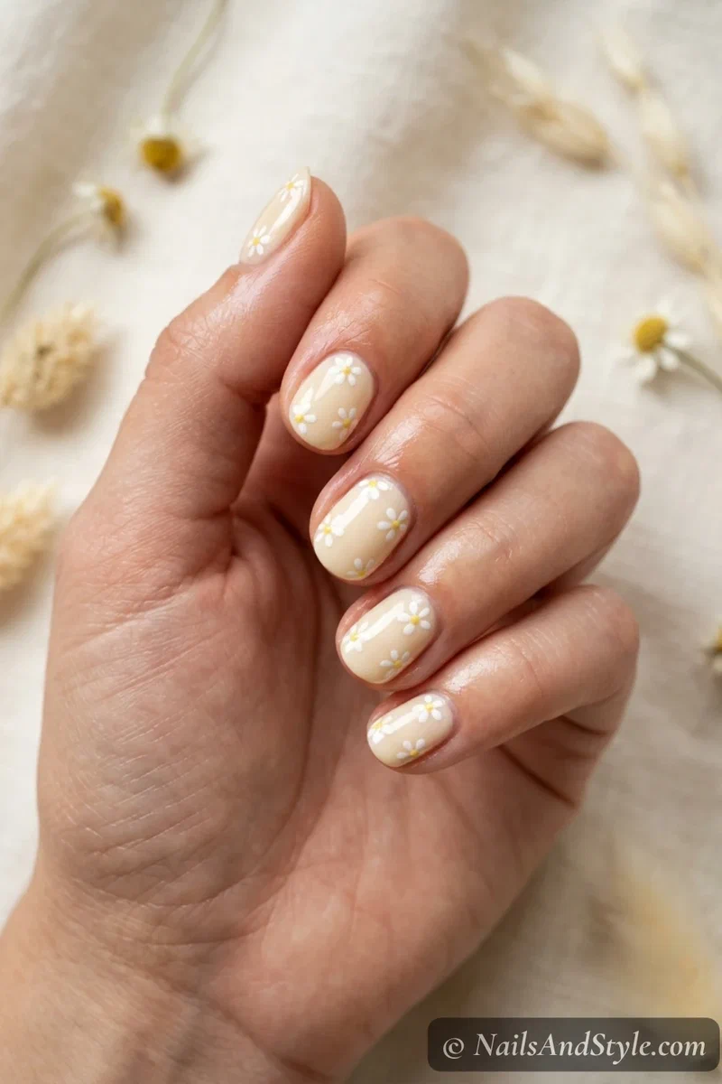Cream nails covered in small white daisies