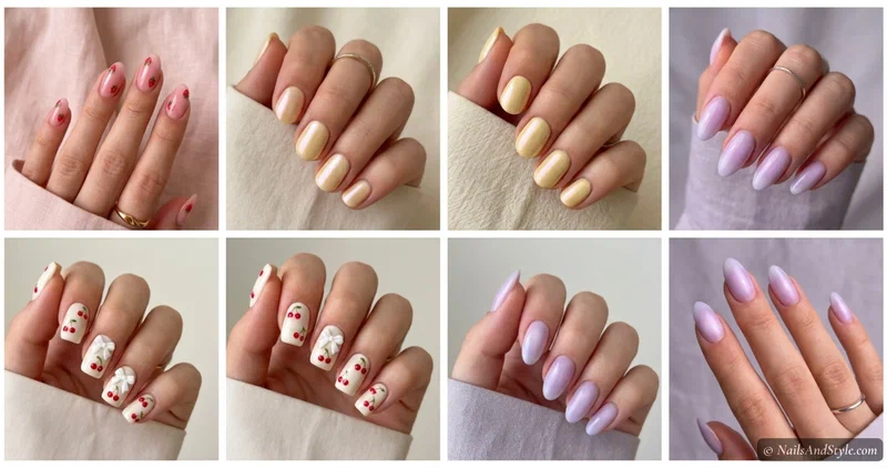 Collage of four nail looks — milky strawberry pink, glazed butter yellow, white nails with red cherries and bows, and lavender aura glow