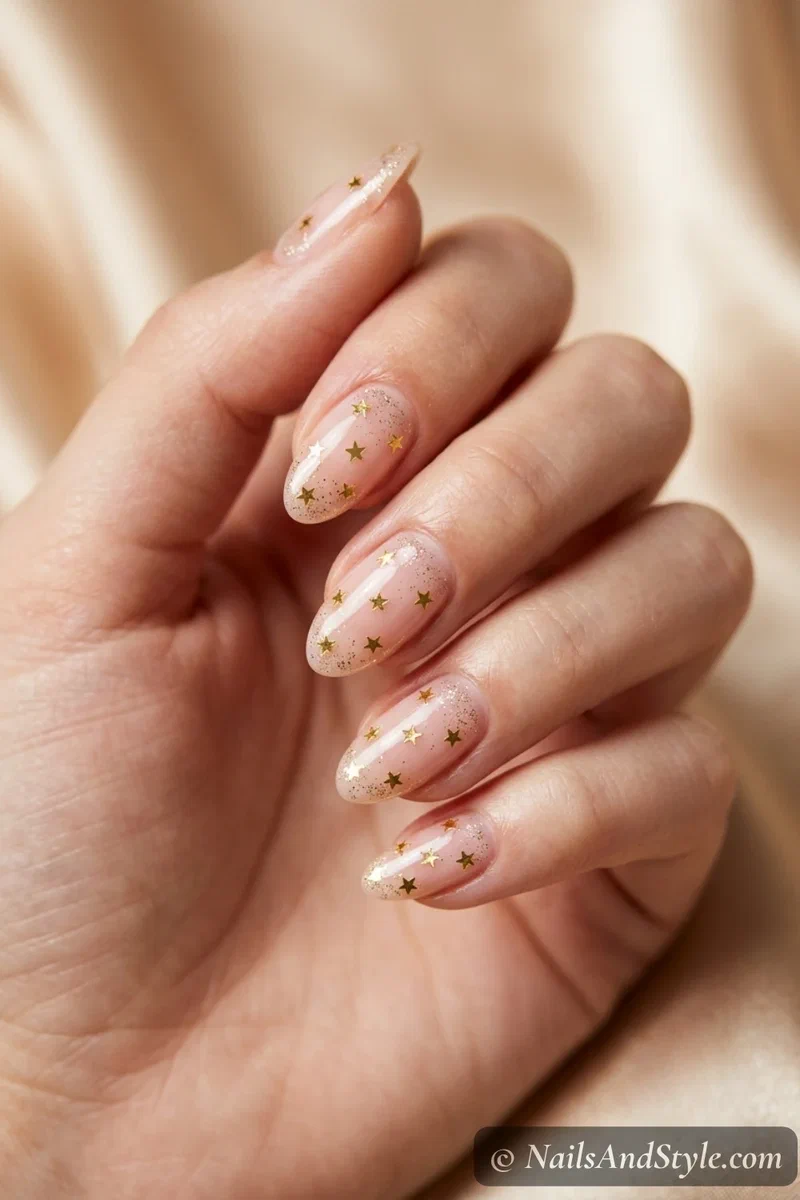 Sheer pink nails with gold star studs and glitter
