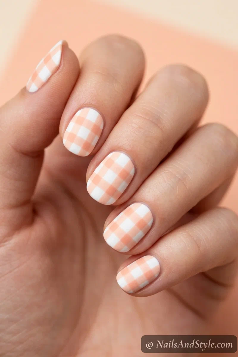 White and peach gingham check nails