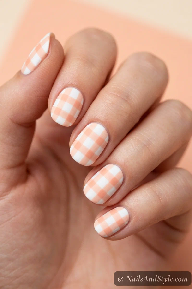 White and peach gingham check nails