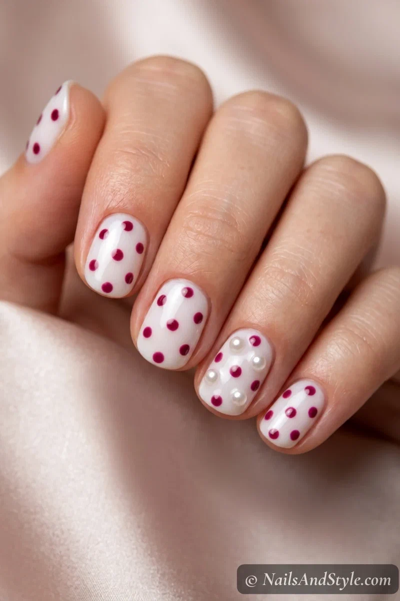 Milky nails with polka dots and pearl accents