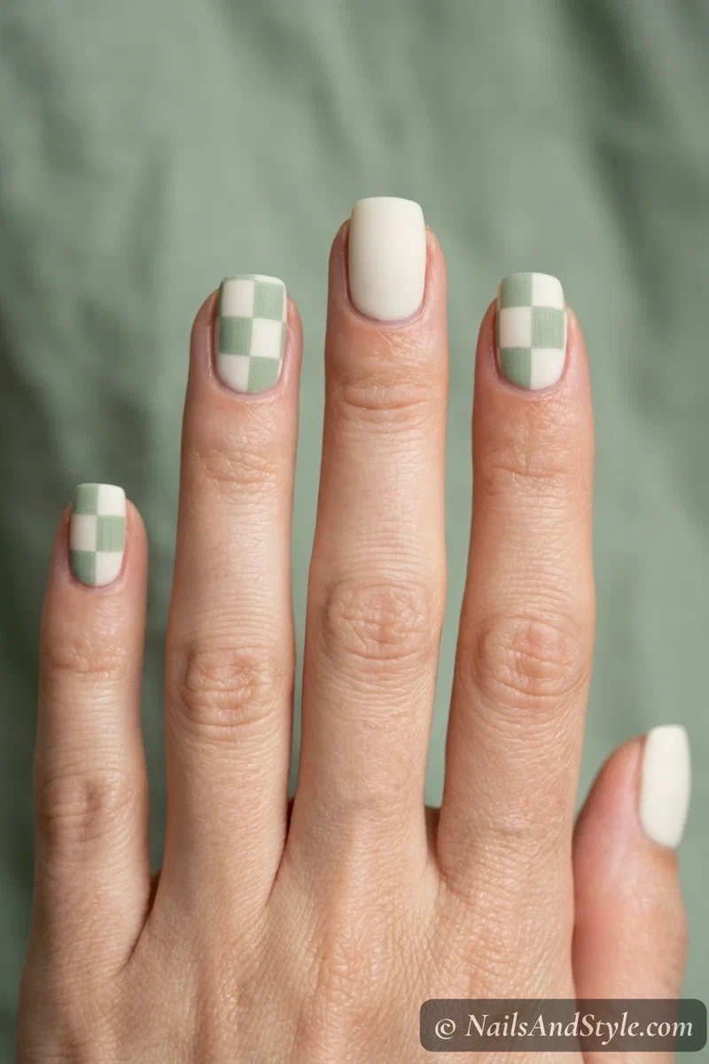 Cream and sage green checkerboard nails
