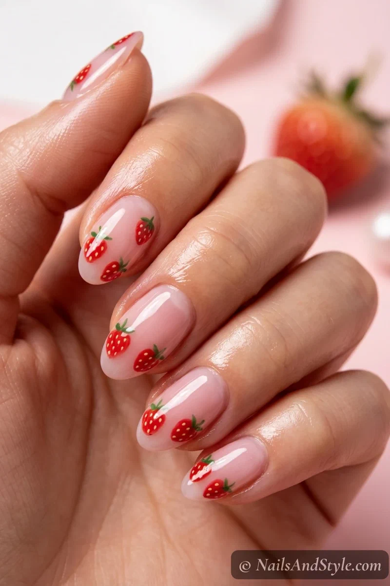 Milky pink nails with tiny painted strawberries