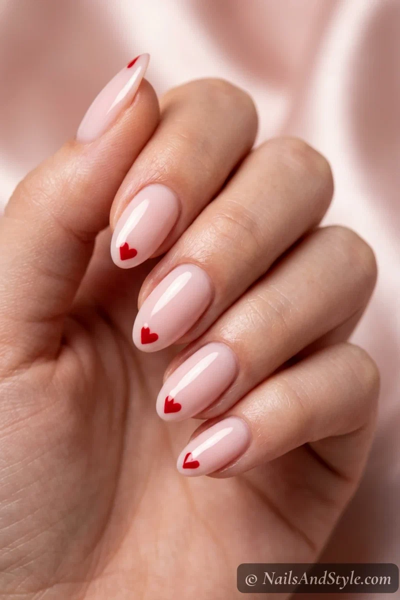Milky nails with small red hearts at the tips