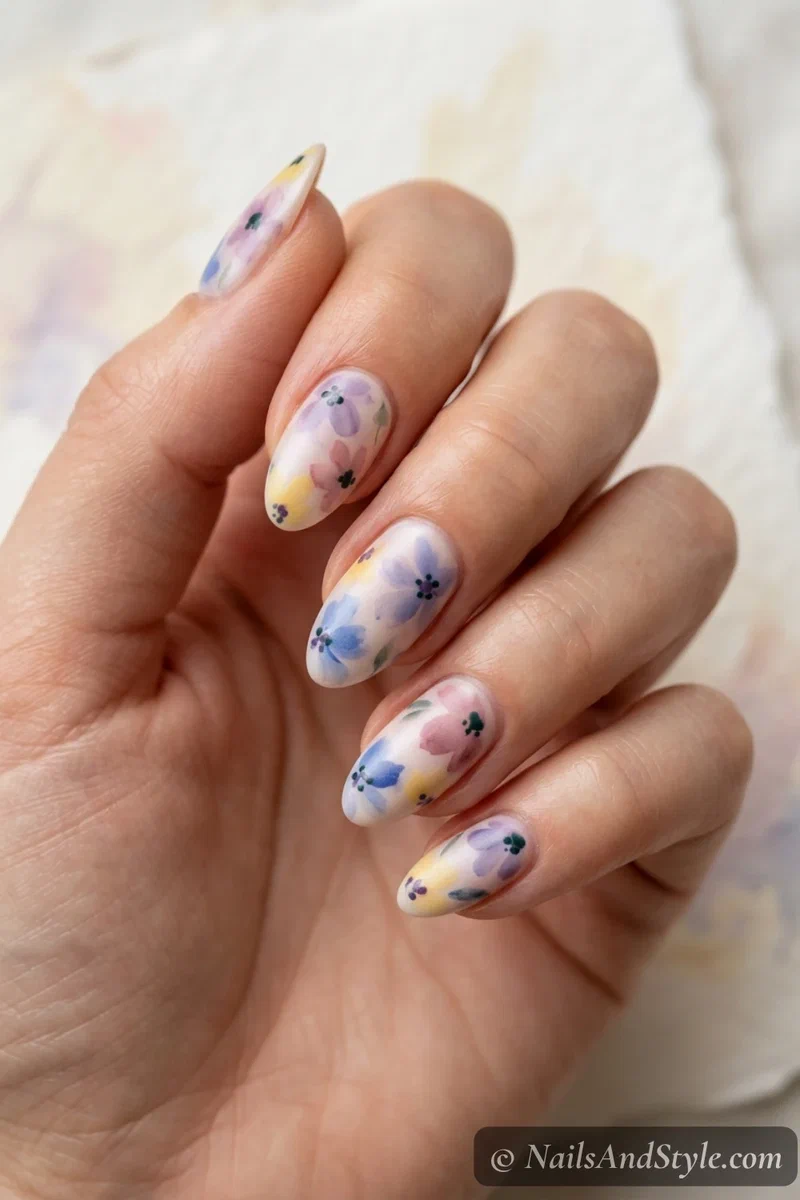 Pastel watercolor flower nails with soft blurred blooms