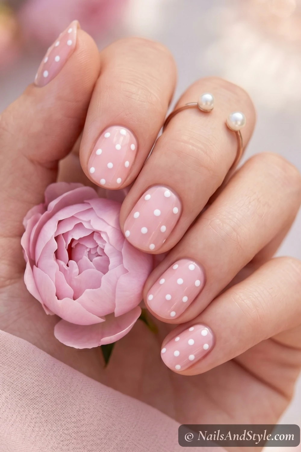 Blush pink with white dots nails