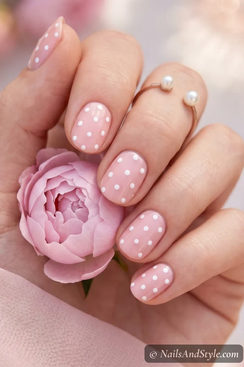 Blush pink nails with scattered white polka dots on short round nails