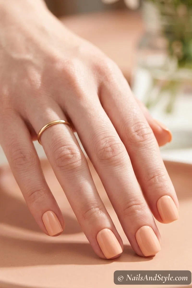 Butter peach solid color nails on short square nails with glossy finish